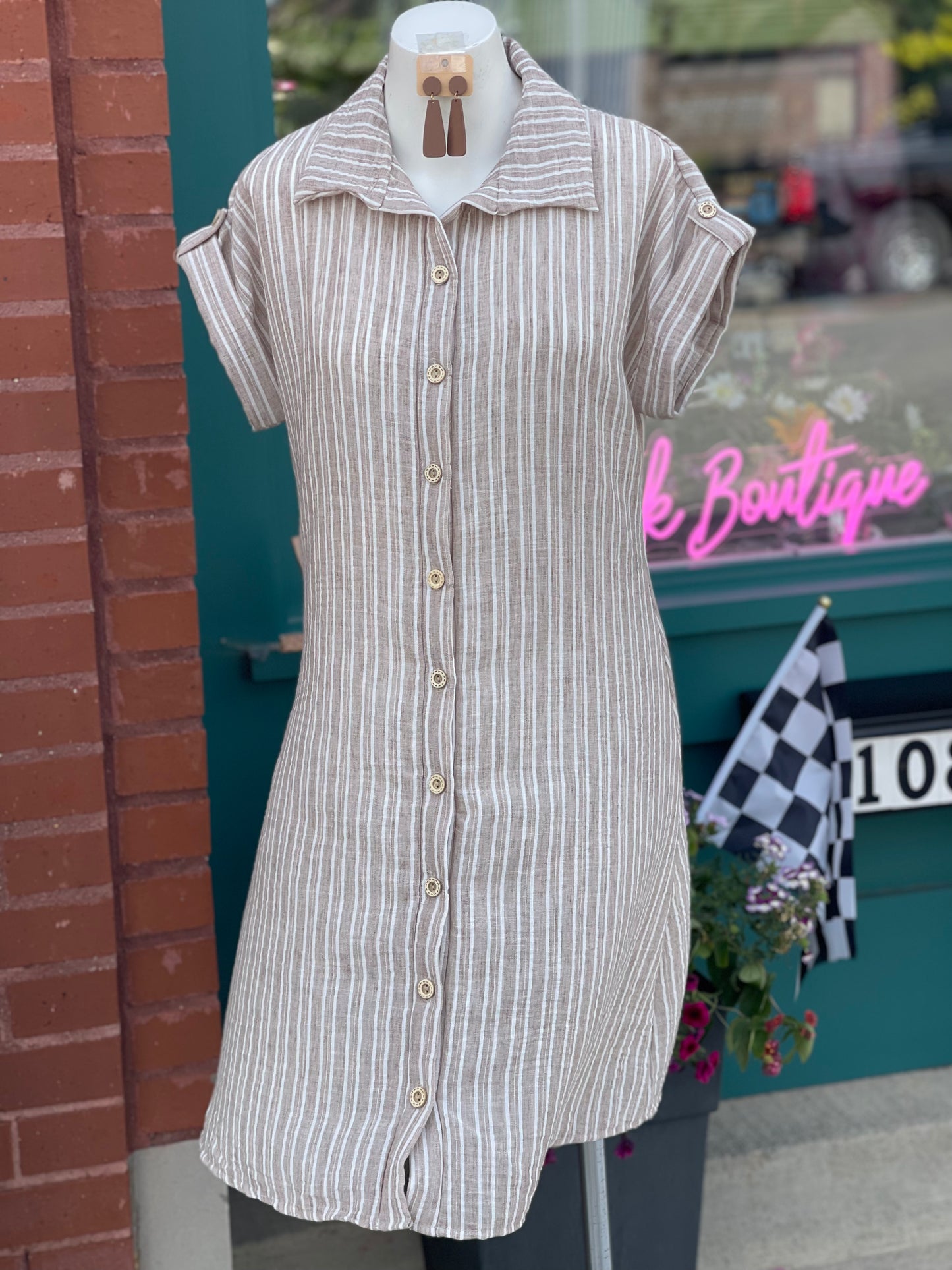 Andrea Khaki Stripe Button Up Dress