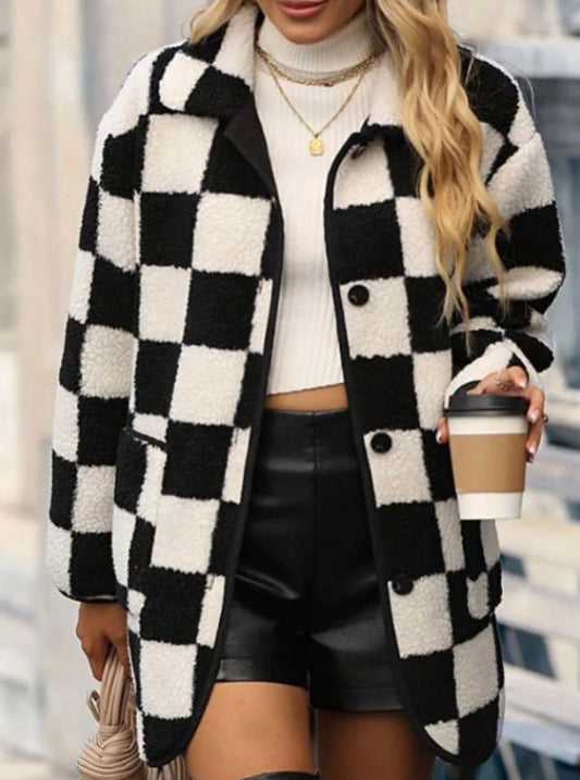 Black And White Checkered Fleece Jacket