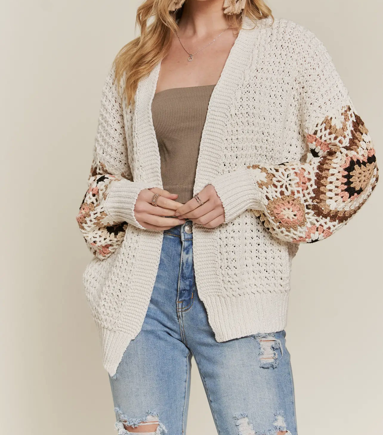 Bev Crochet Multi Color Sleeve Cardigan