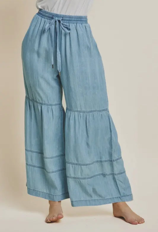 Washed Denim Tiered Wide Leg