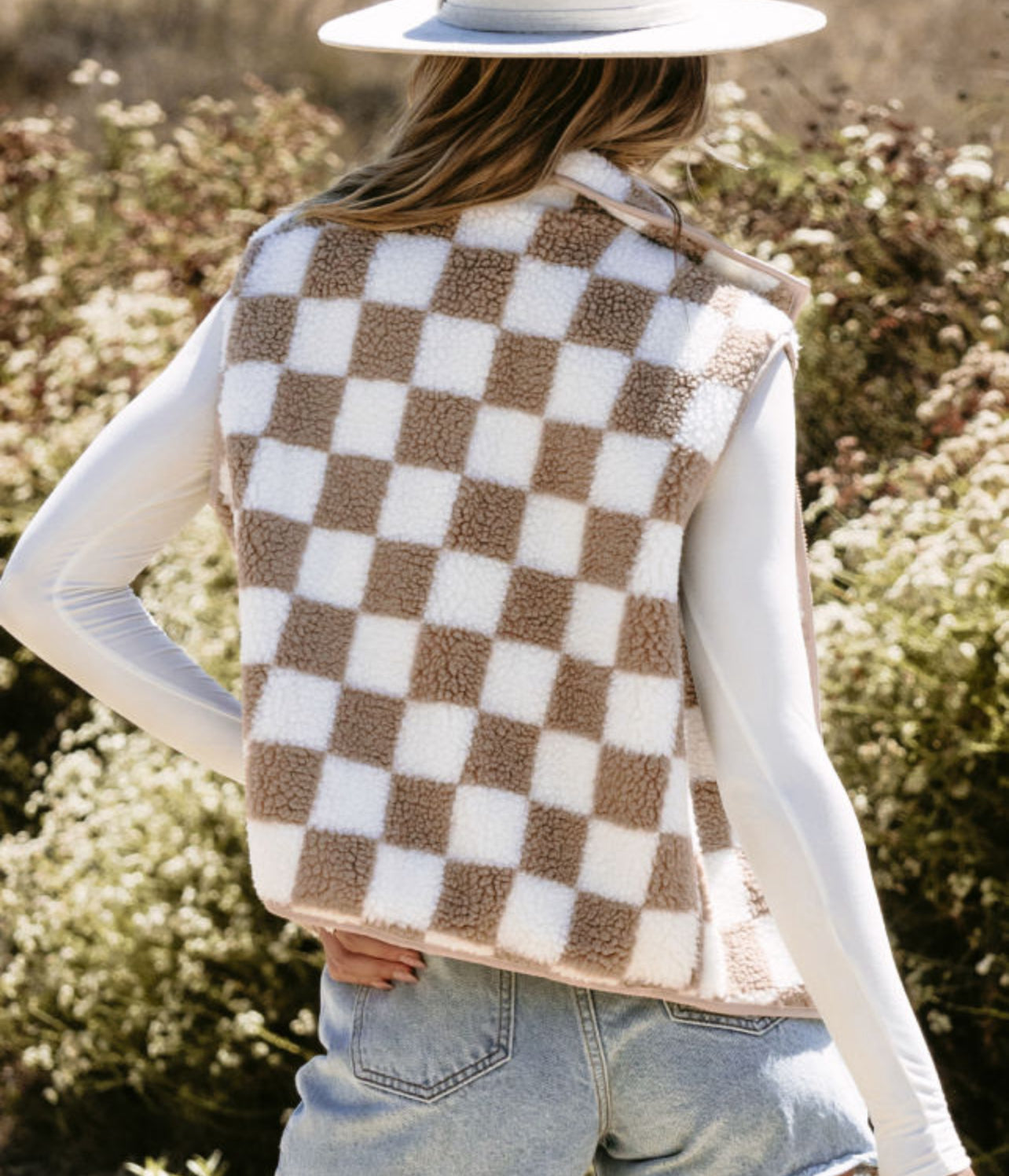 Khaki And White Checkered Sherpa Vest