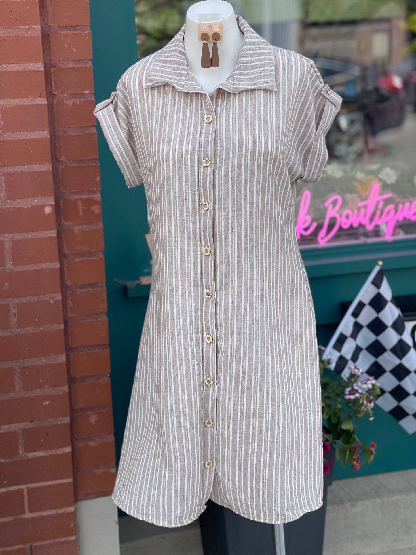 Andrea Khaki Stripe Button Up Dress