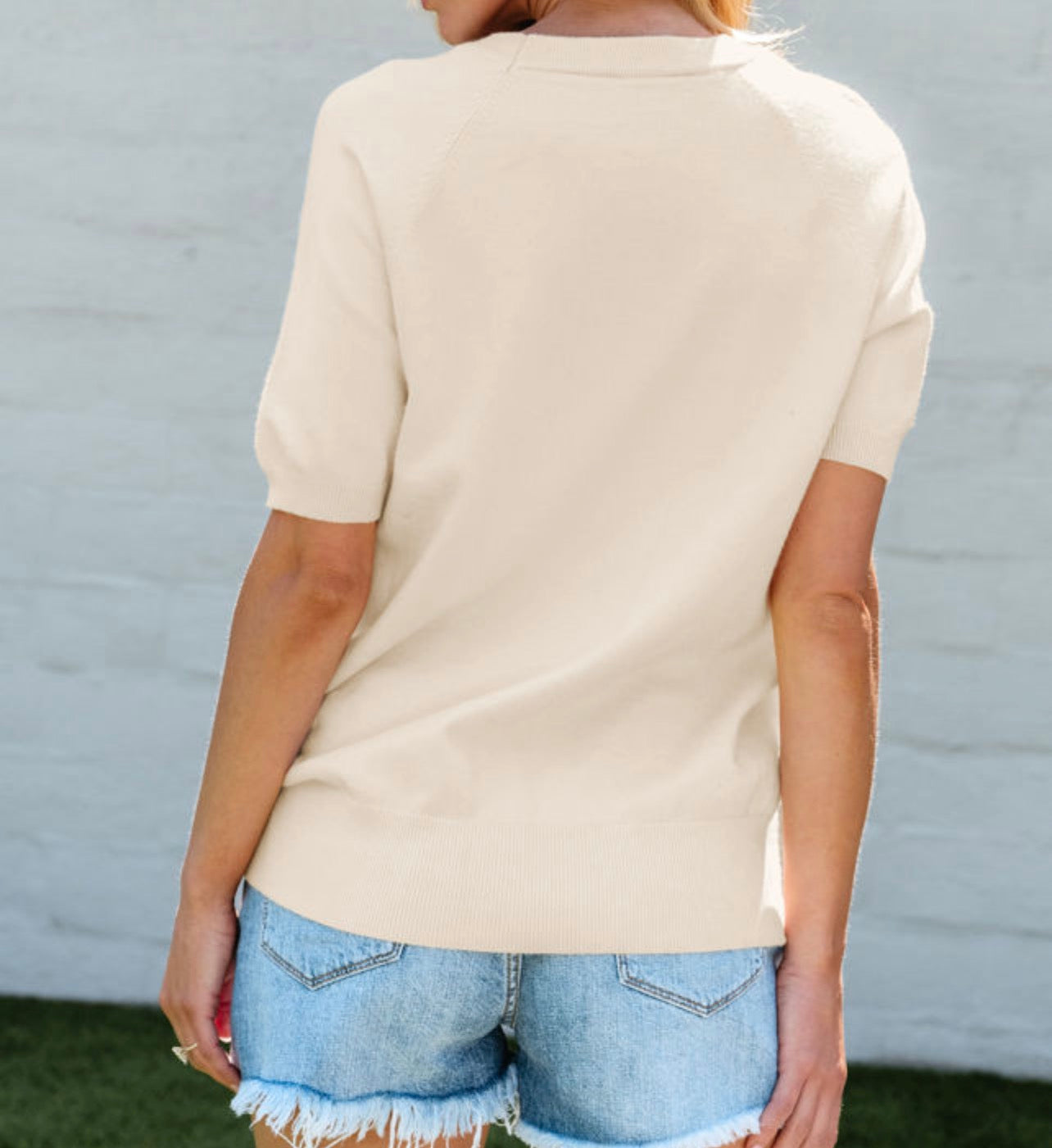 Beige Flower Pattern Short Sleeve Knitted Top