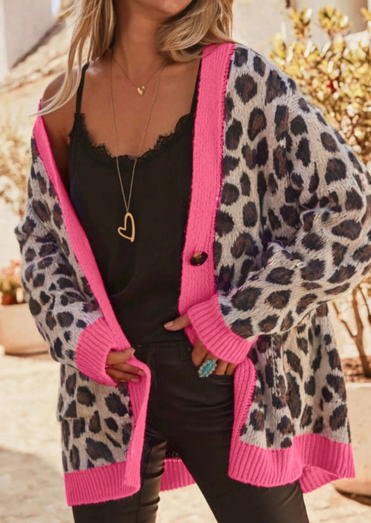 Leopard Fuchsia Pink Trim Cardigan