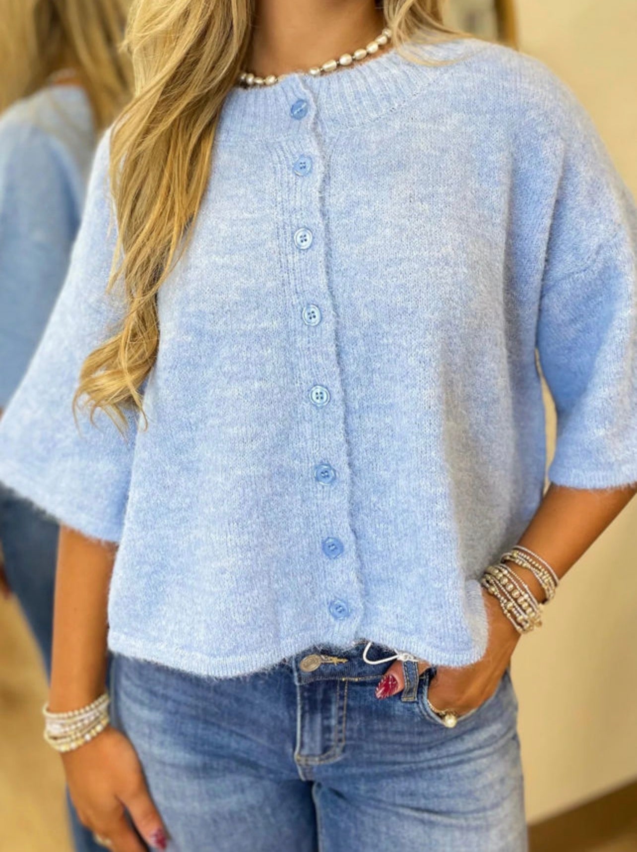 3/4 Sleeve Knit Button Up Sweater