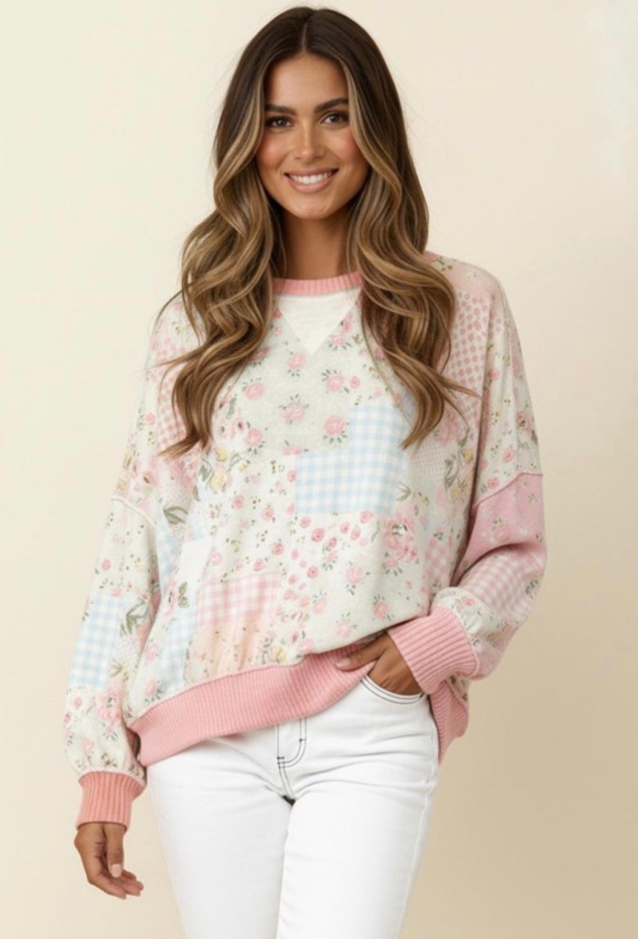 Crew Neck Floral Patchwork Top