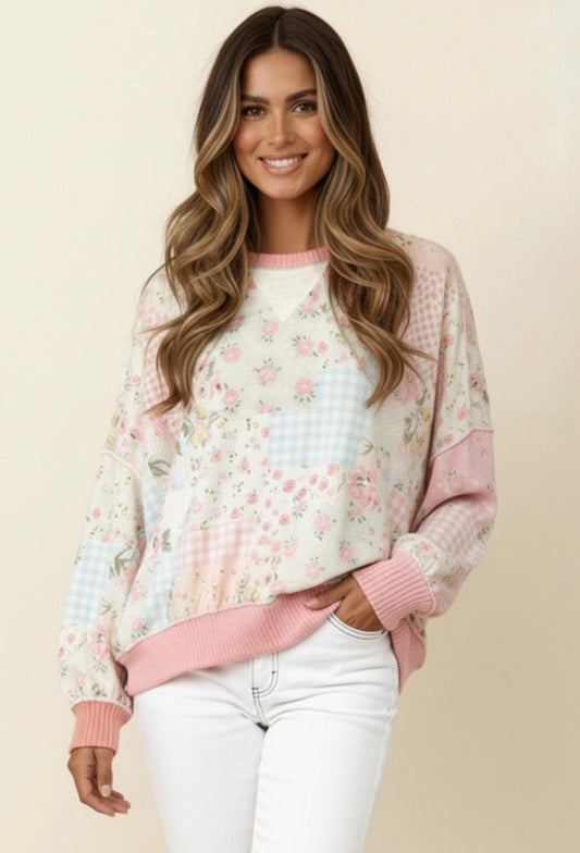 Crew Neck Floral Patchwork Top