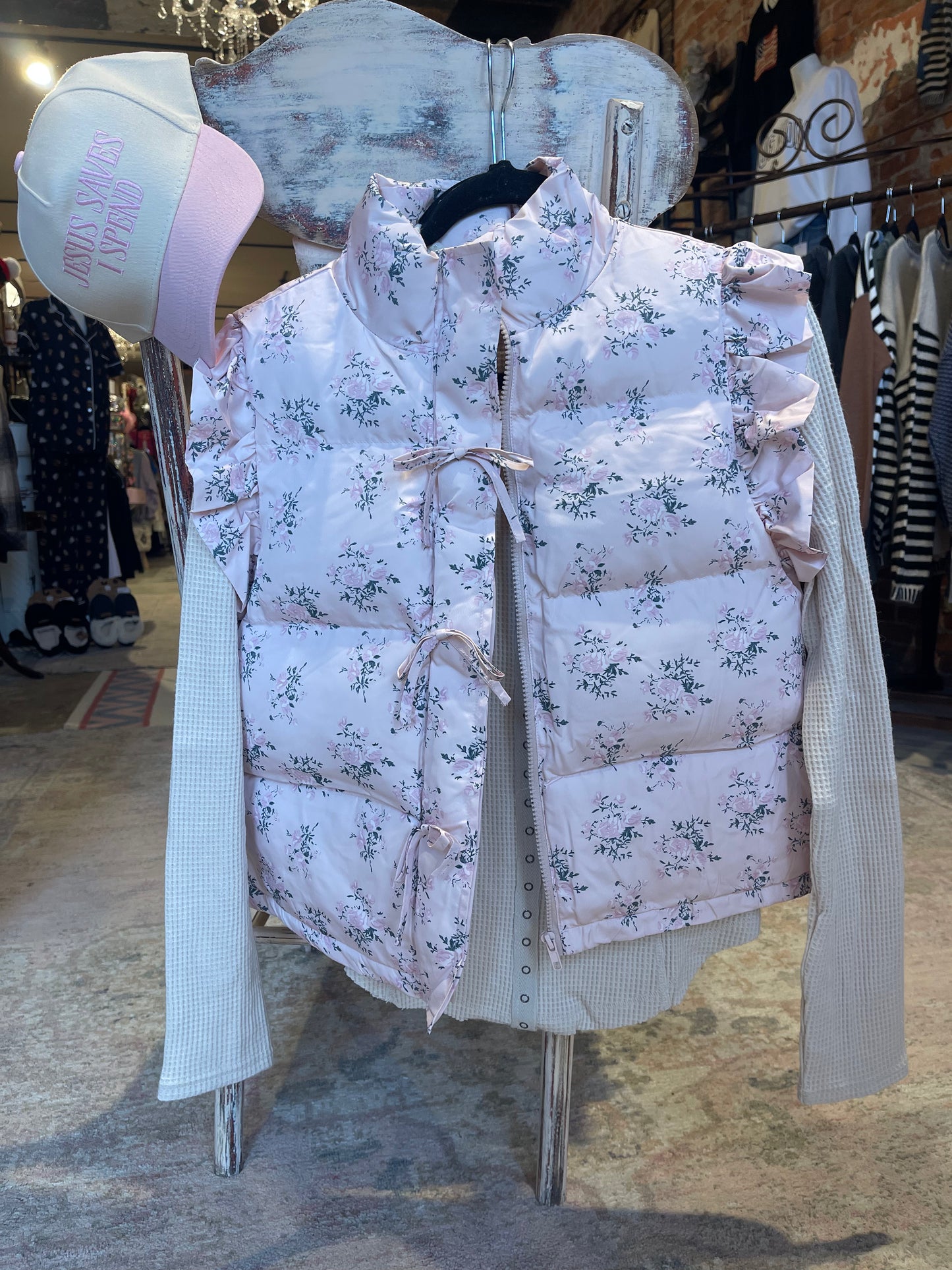 Floral Ruffle Sleeve Puffer Vest