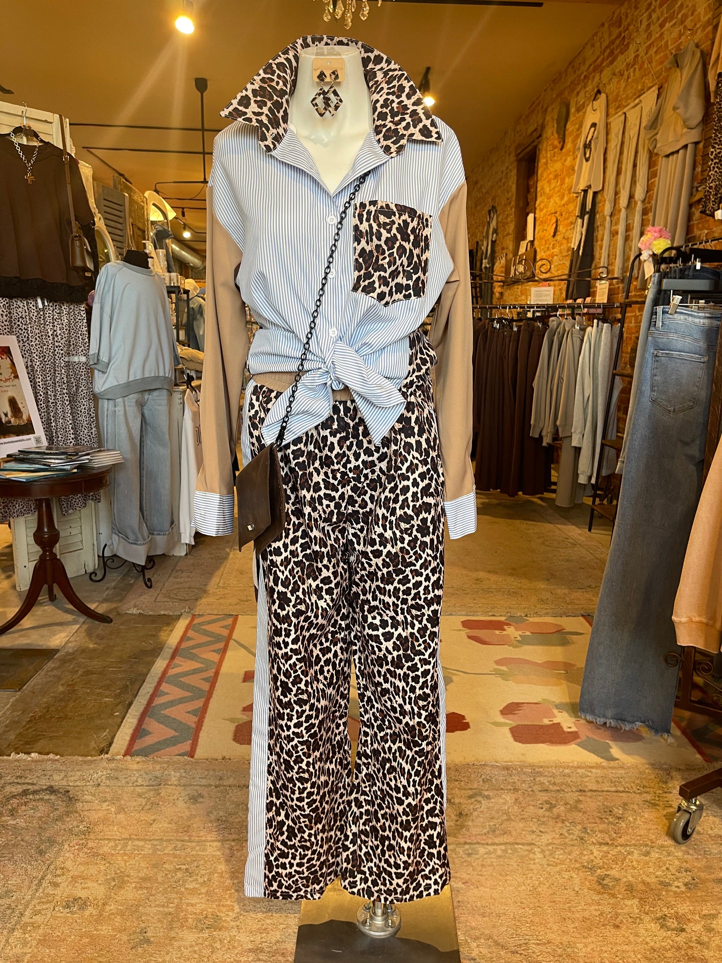 Blue And White Striped Leopard Button Up