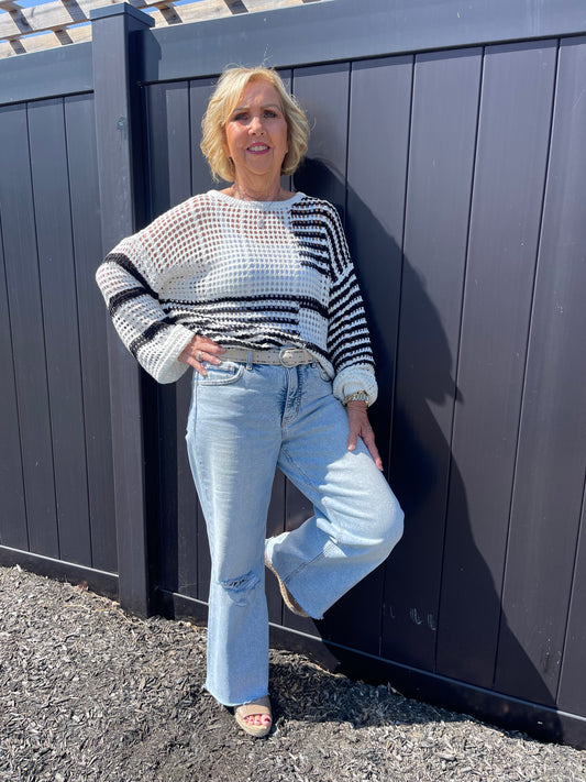 Black And White Stripe Crochet Sweater