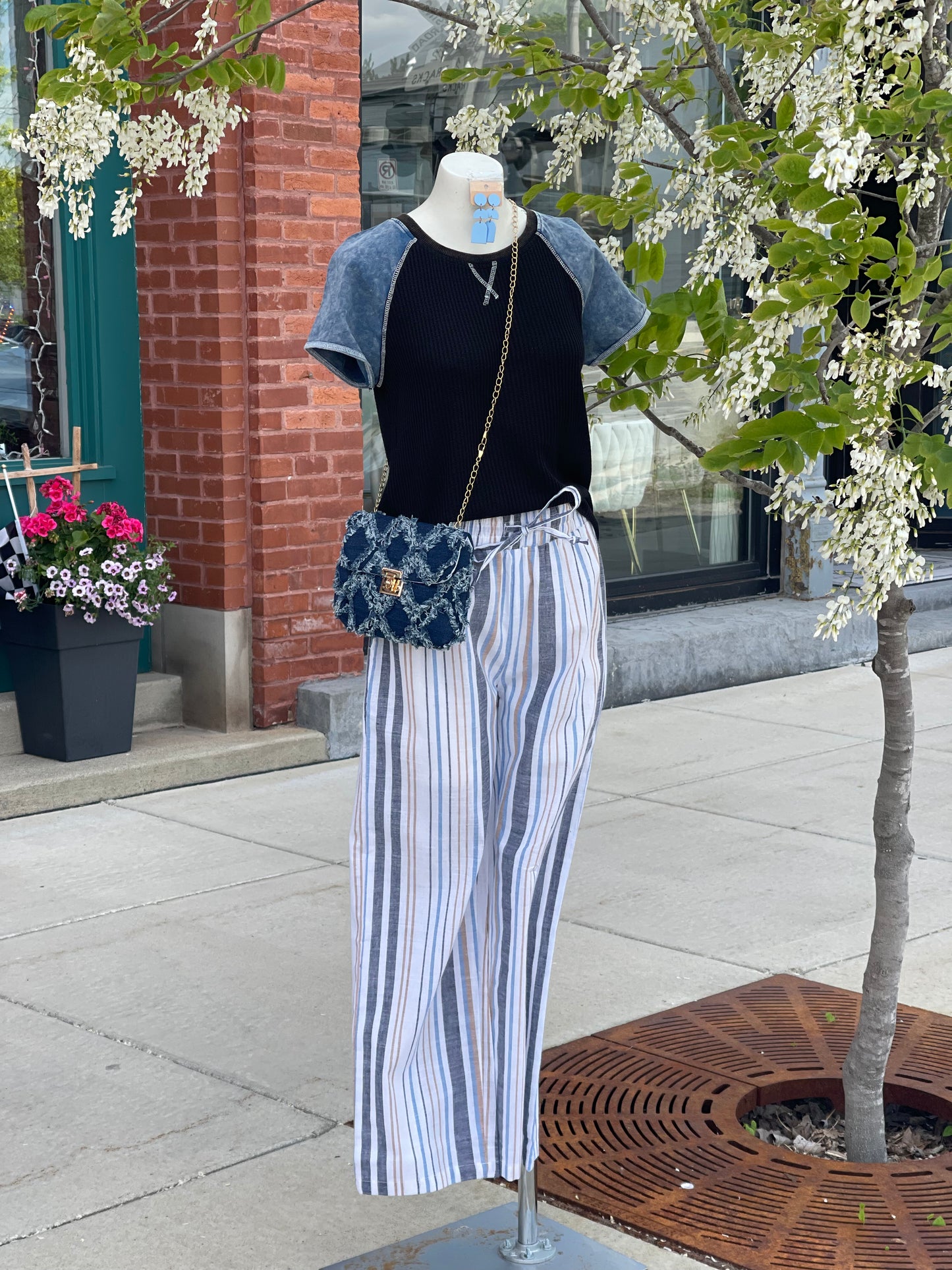 Denim Blue And White Stripe Shorts