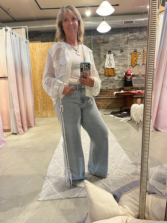 Side Lines And Bow Detail Denim Wide Leg