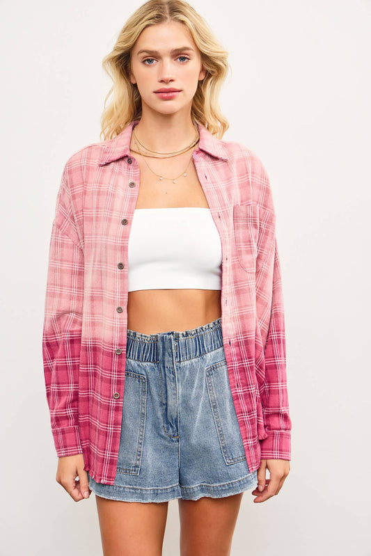 Dip-Dyed Button Up Flannel Shirt