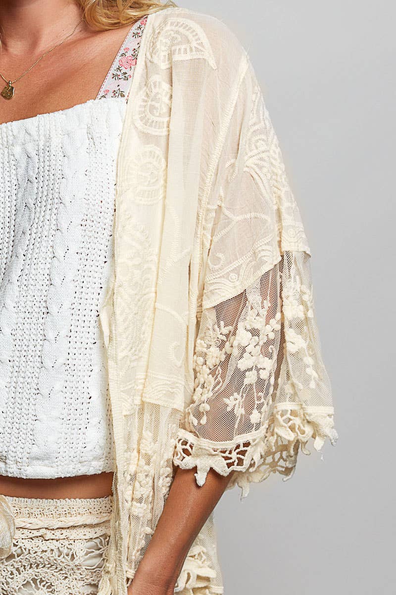 1/2 Sleeve Lace Ruffle Trim Opening Solid Crochet Cardigan