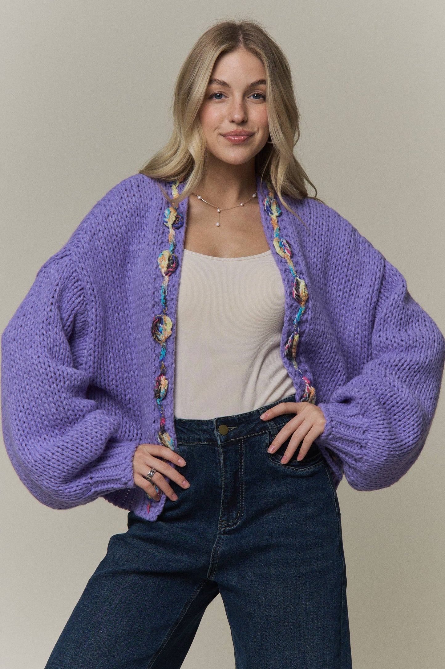 CHUNKY MULTICOLOR TRIM KNIT CARDIGAN - CESW4416