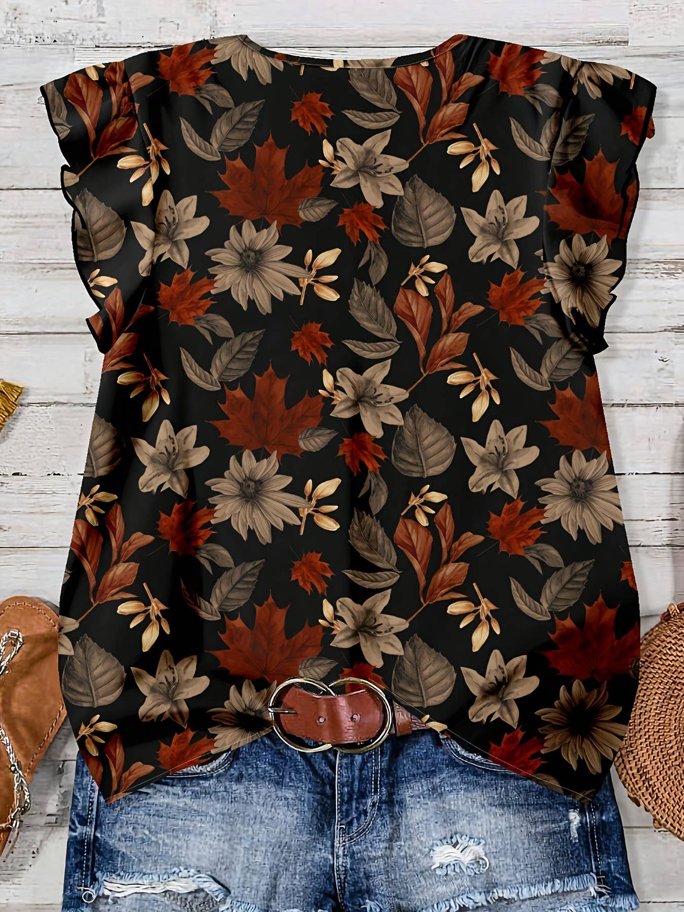 Flutter Sleeve Watercolor Floral & Leopard Print V-Neck Top