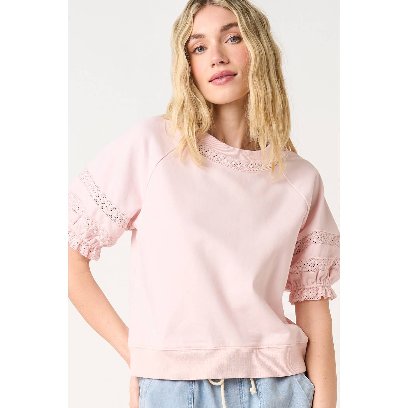 Lace Detail Short Puff Sleeve Top