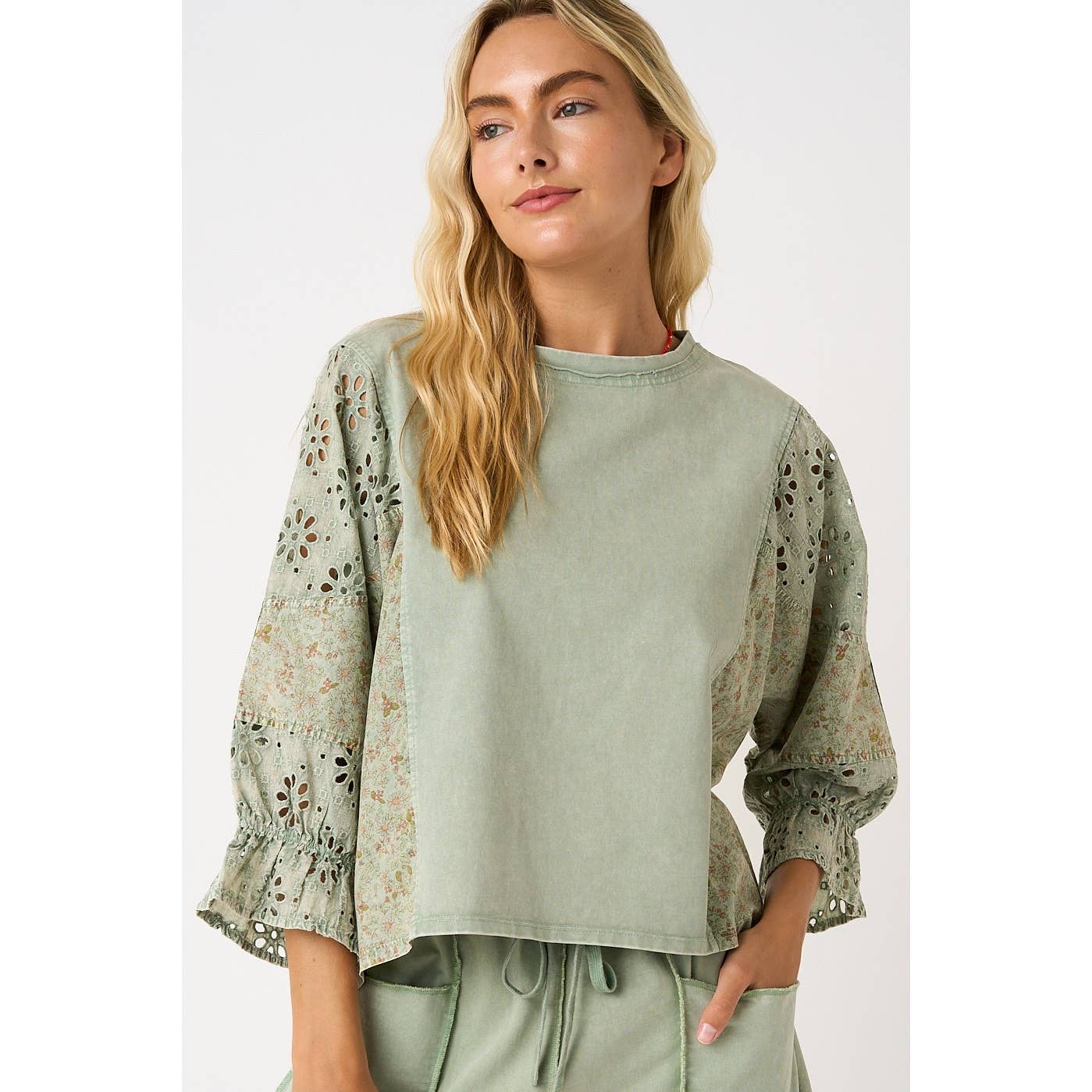 EYELET PATCHWORK RUFFLE LONG SLEEVE TOP