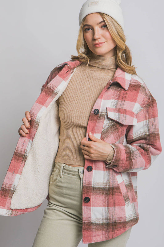Plaid Button Up Shacket with Sherpa Lining