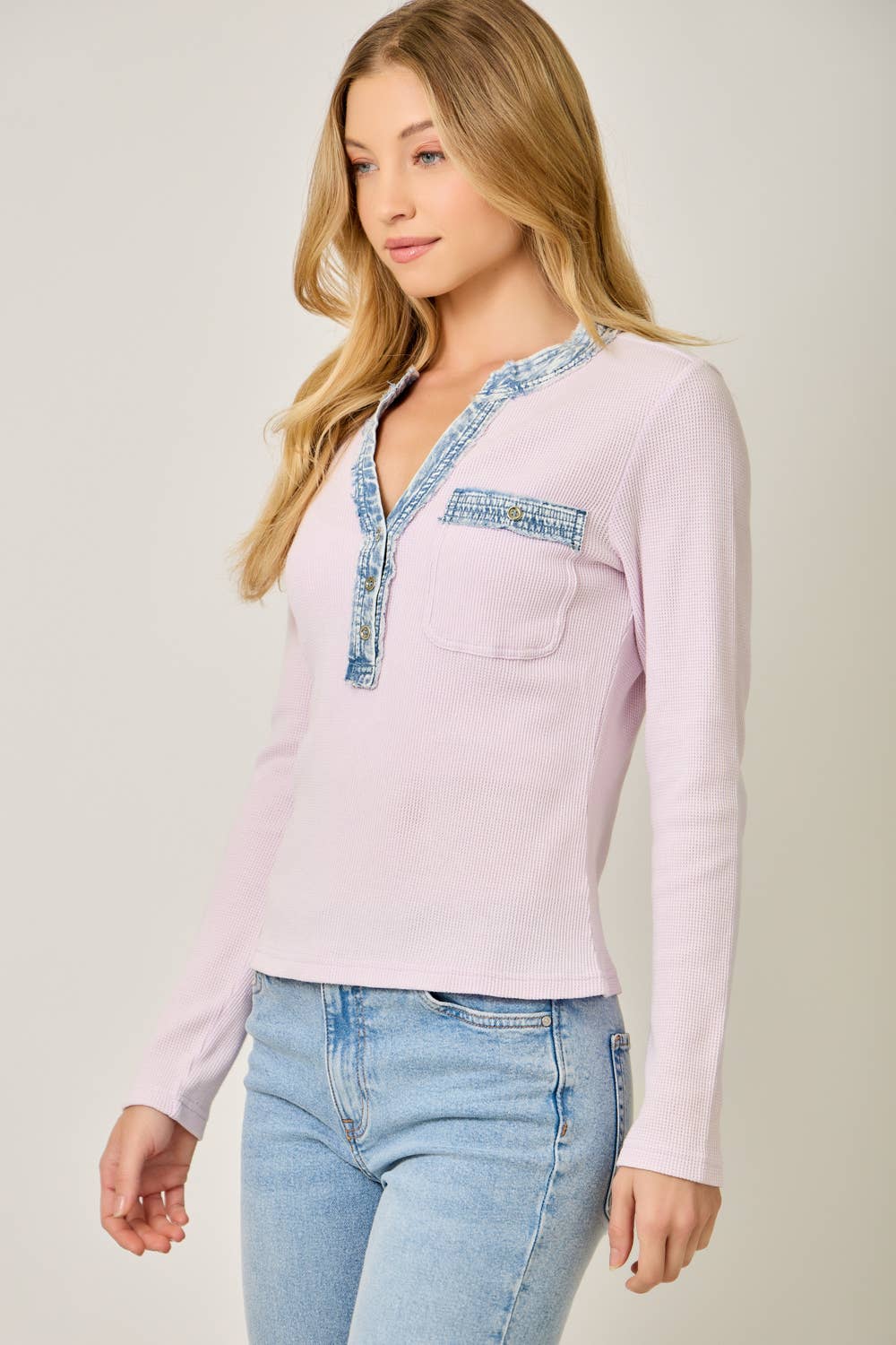 Denim Mixed Henley Top