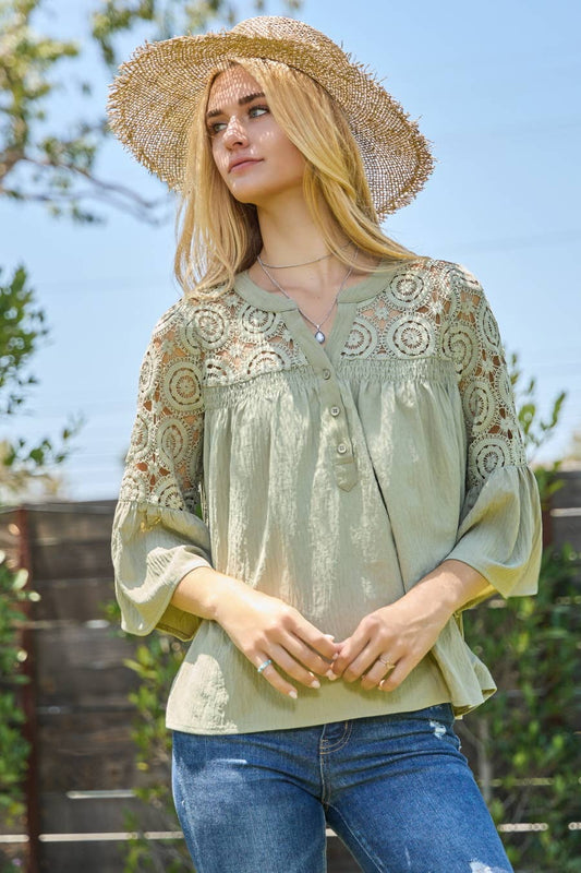 Cut Out Trimmed Bell Sleeve Blouse