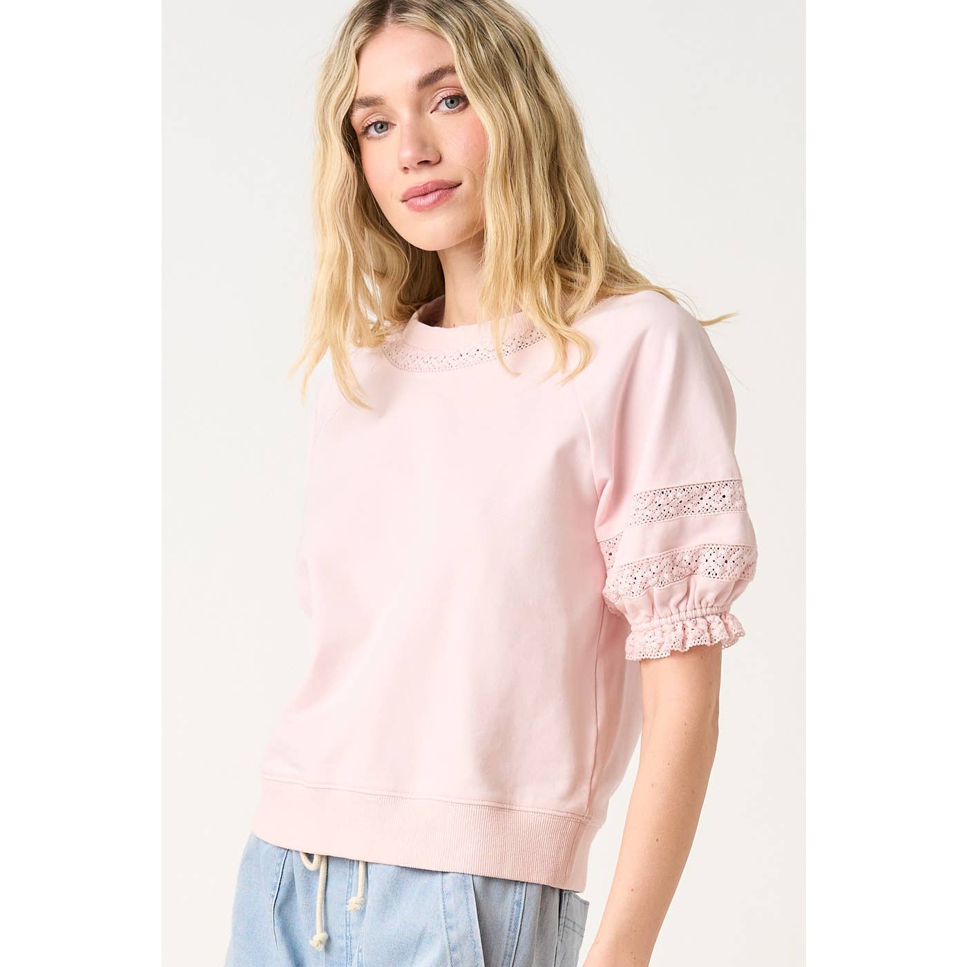 Lace Detail Short Puff Sleeve Top