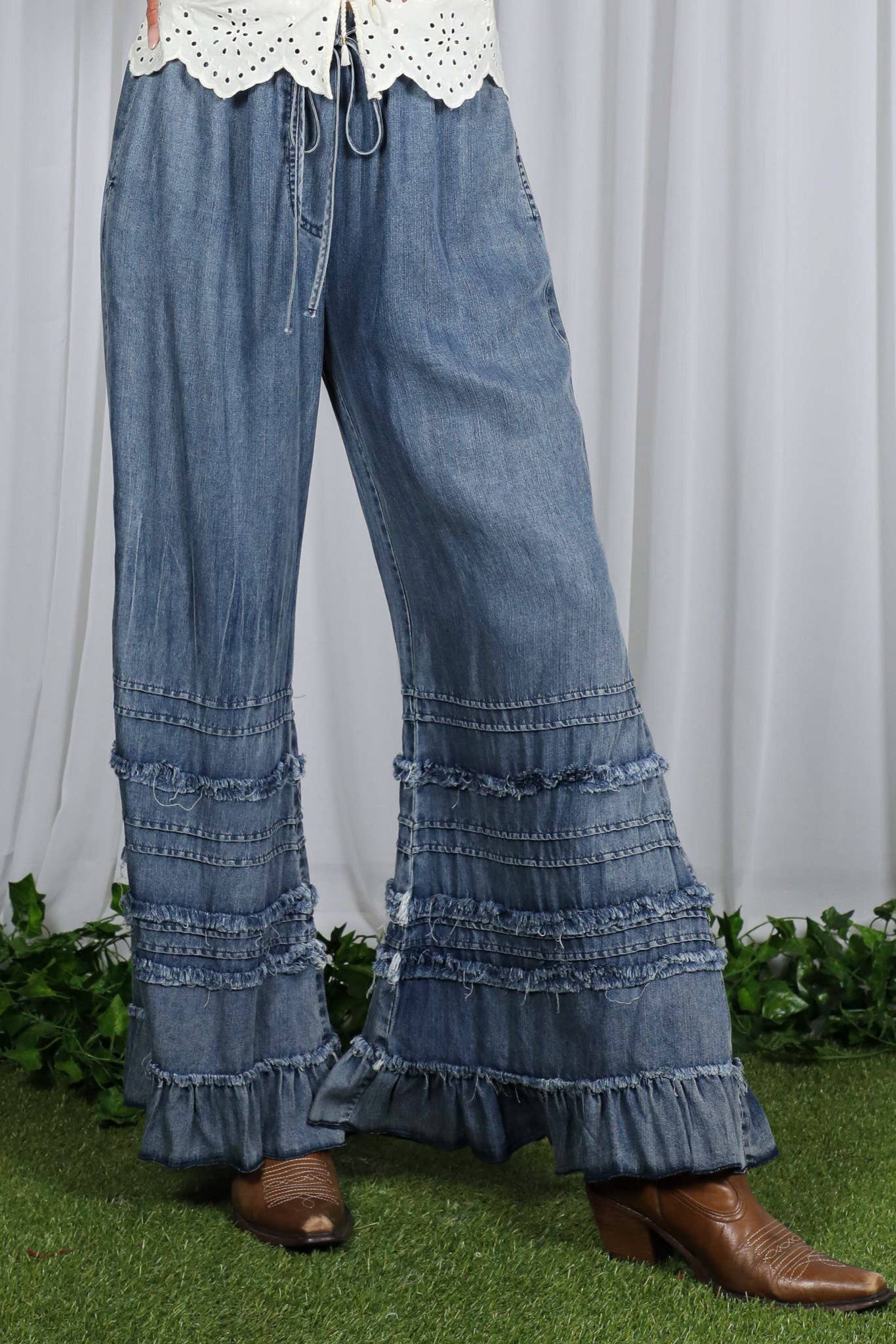 Flared Ruffle Hem Washed Chambray Pants