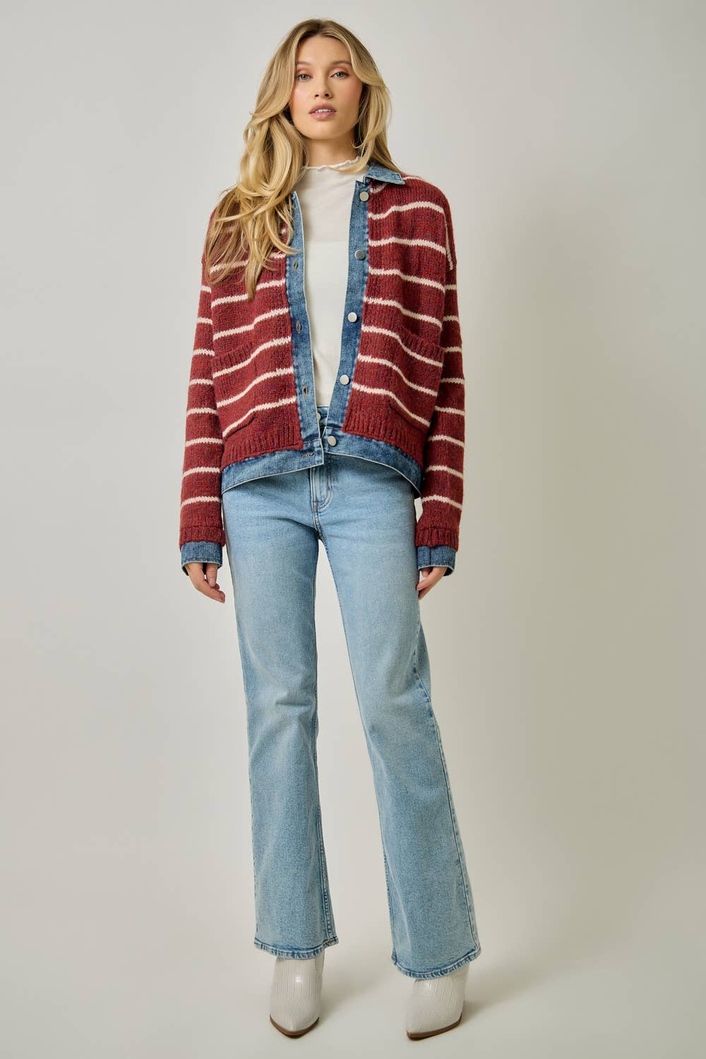 71281 Striped Denim Hem Sweater Jacket