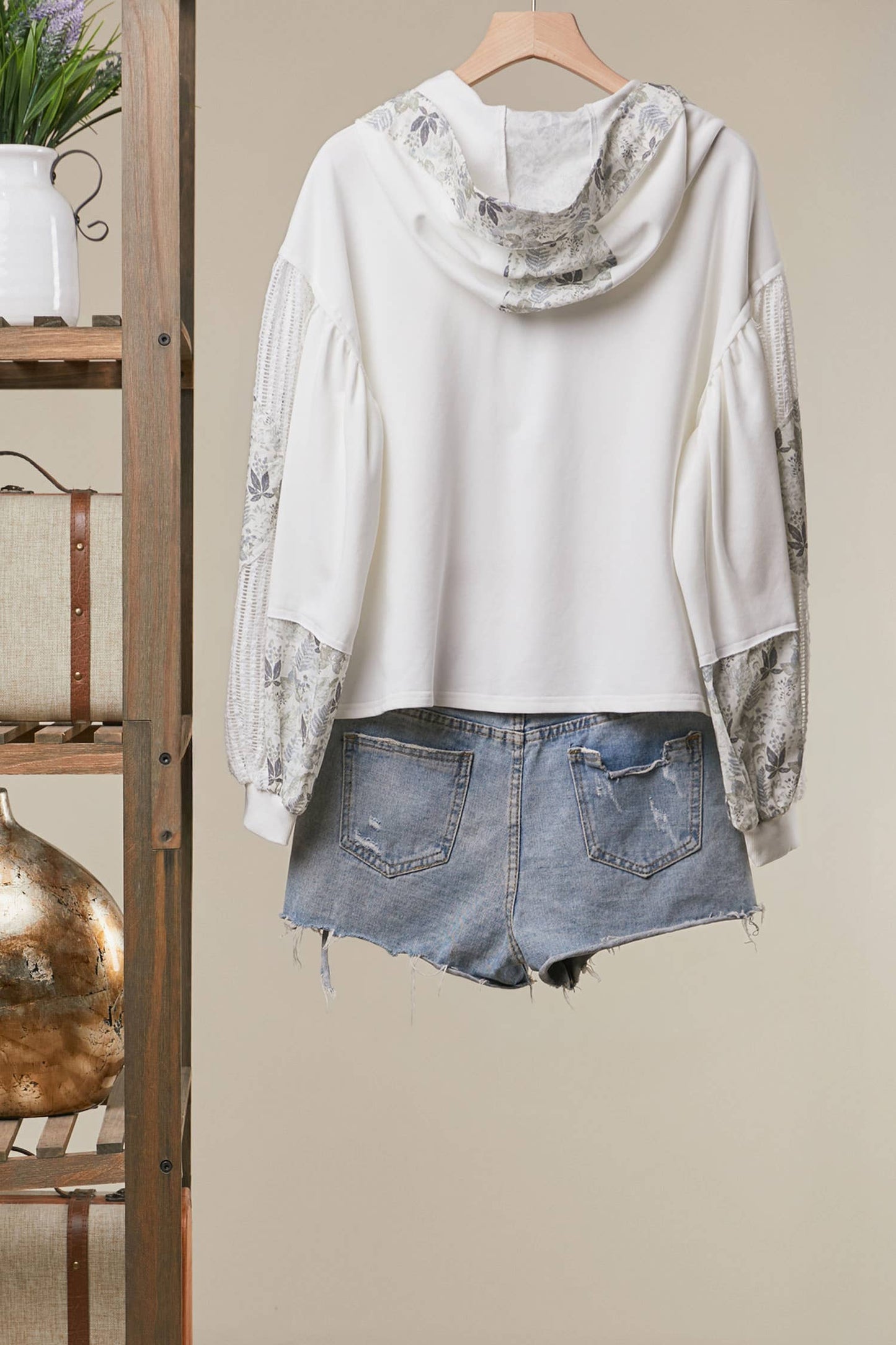Floral Print Trim Hoodie with Drawstring Neck