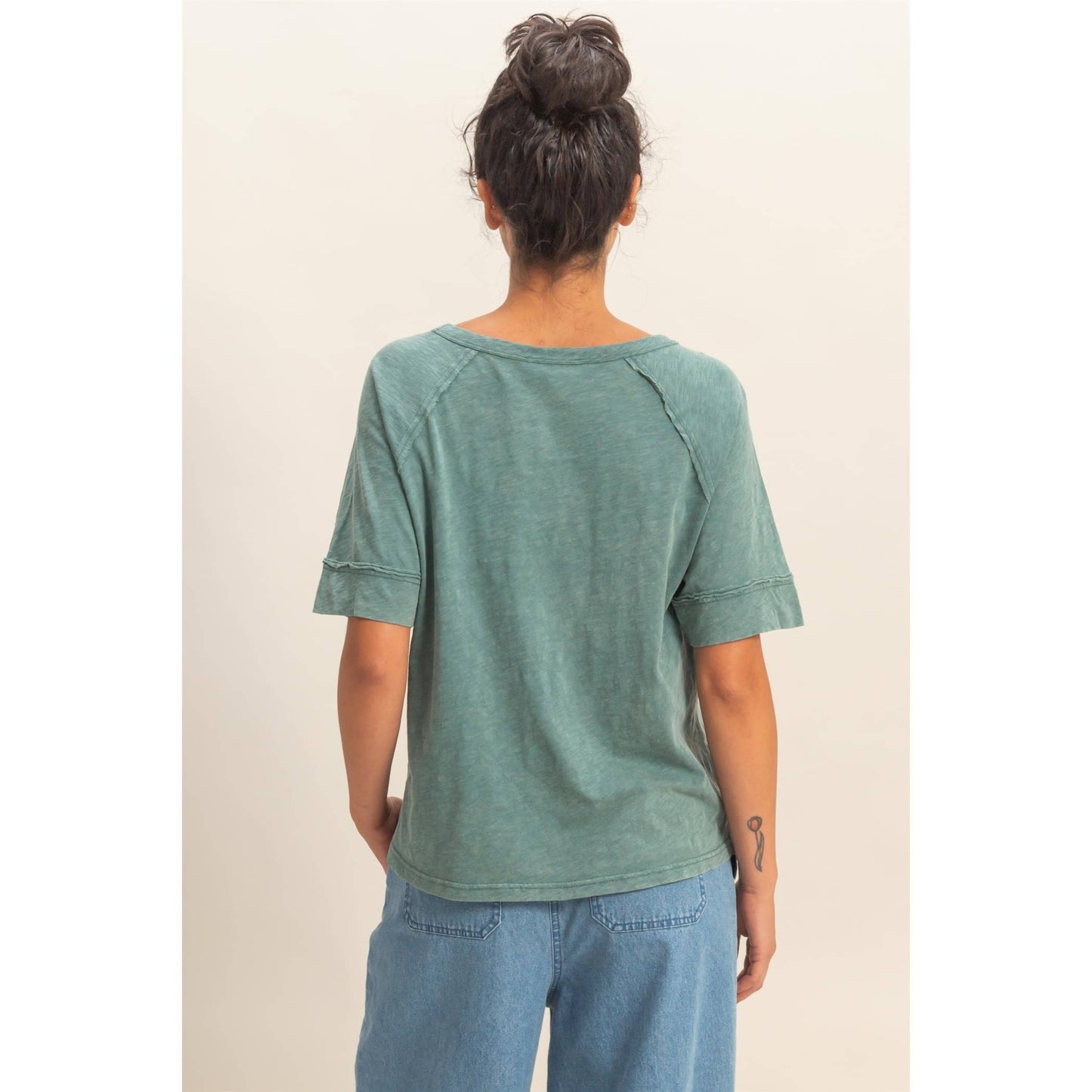 Acid Wash Raw Seam Raglan Short Sleeve Tee