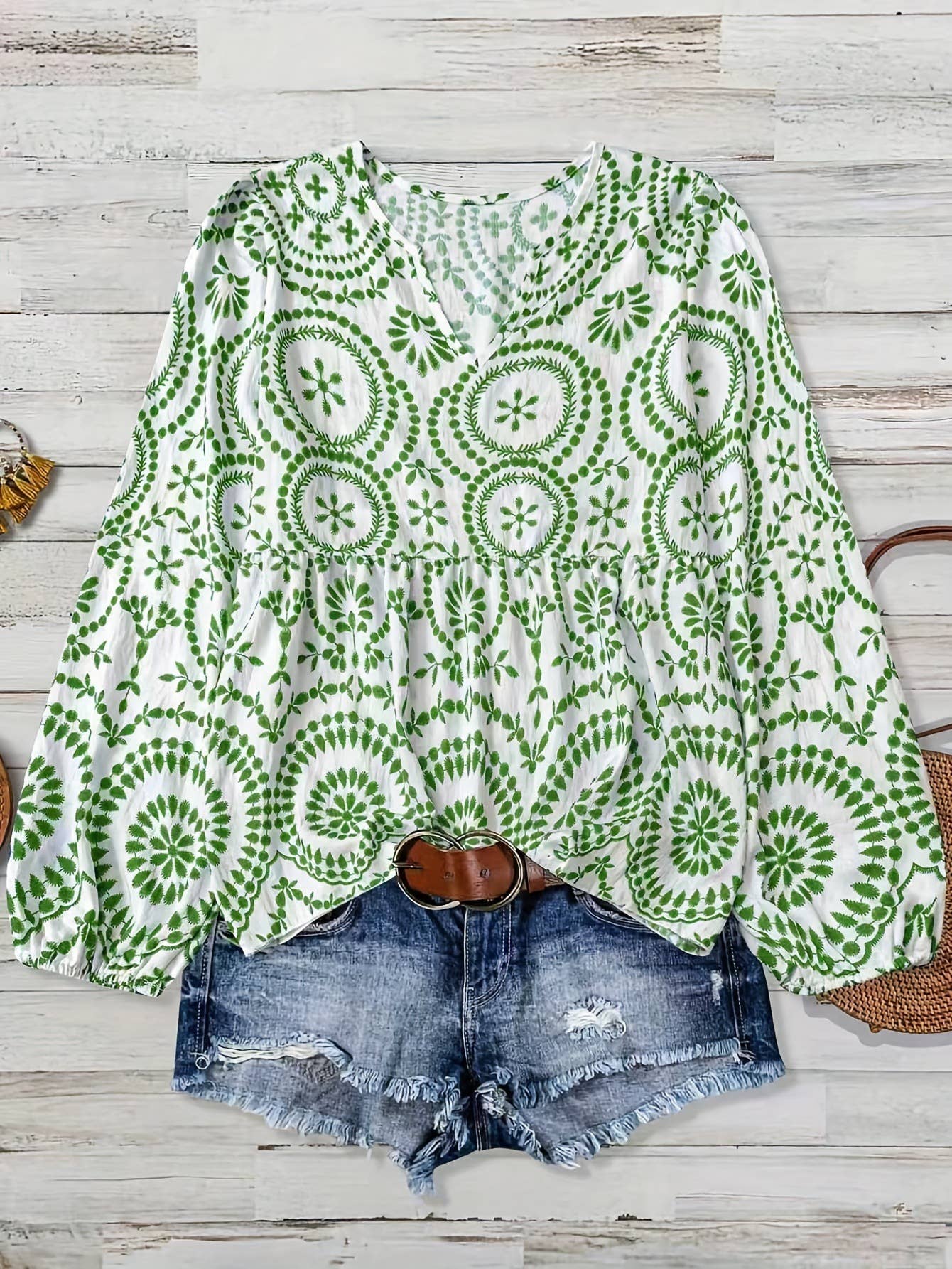 Boho Retro Style Ethnic Print Peplum V-Neck Blouse