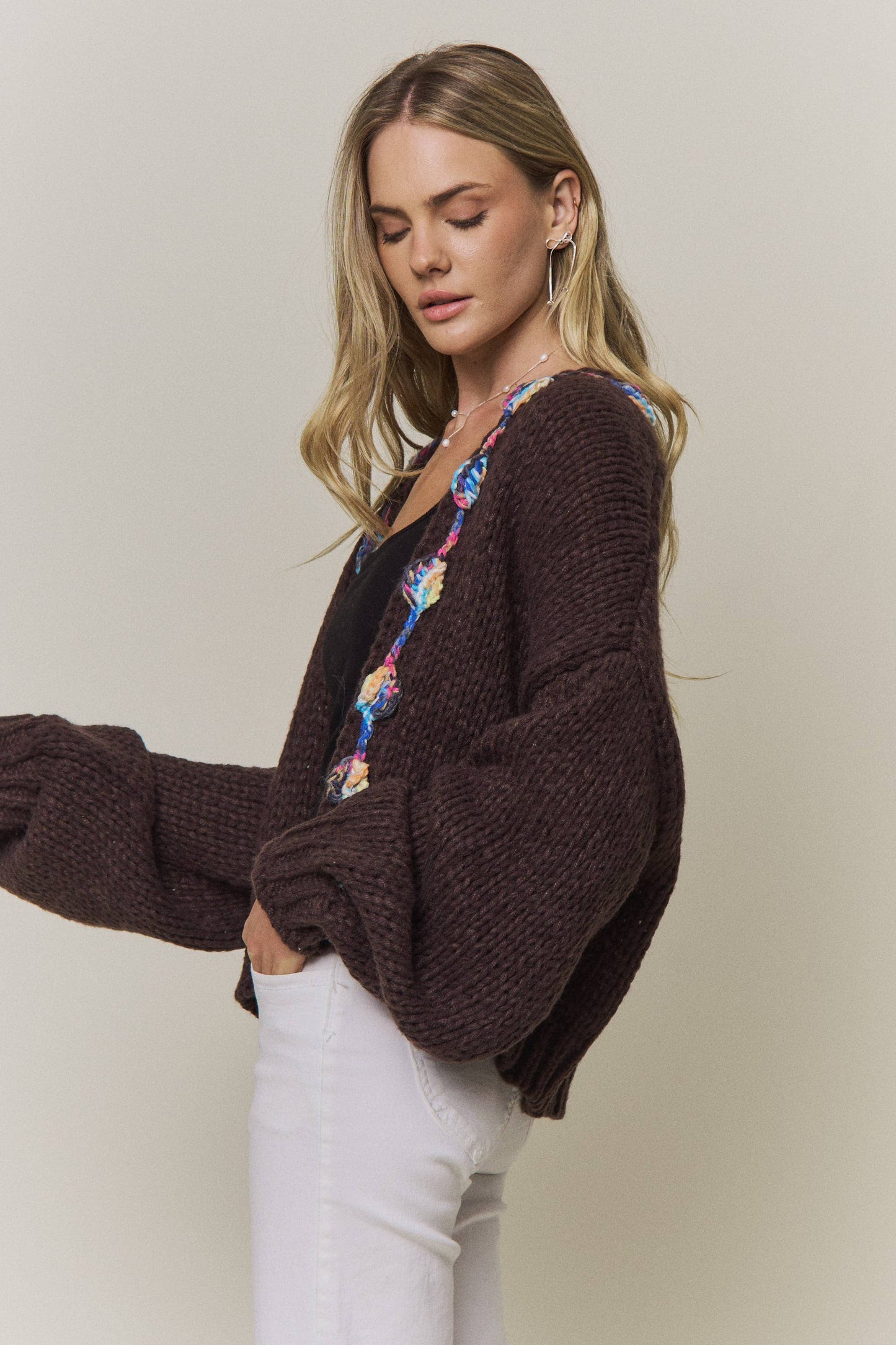 CHUNKY MULTICOLOR TRIM KNIT CARDIGAN - CESW4416