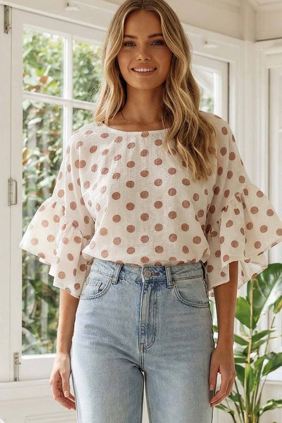 Polka Dot Sleeve Flowy Blouse