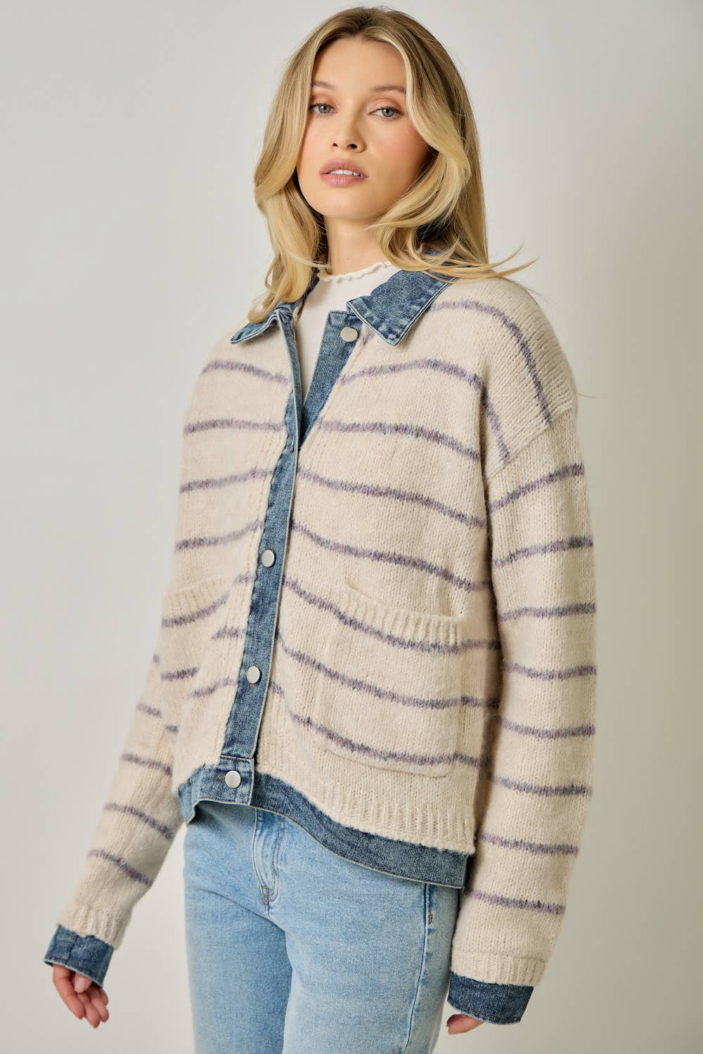 71281 Striped Denim Hem Sweater Jacket