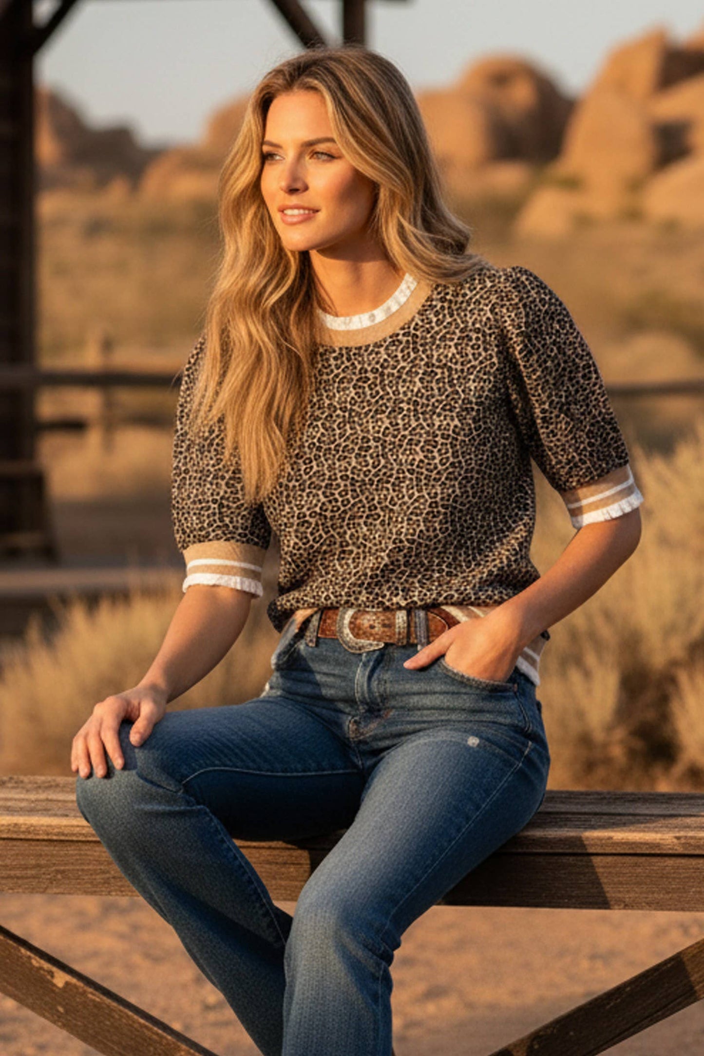 Leopard Print Knit Top with Contrast Trim
