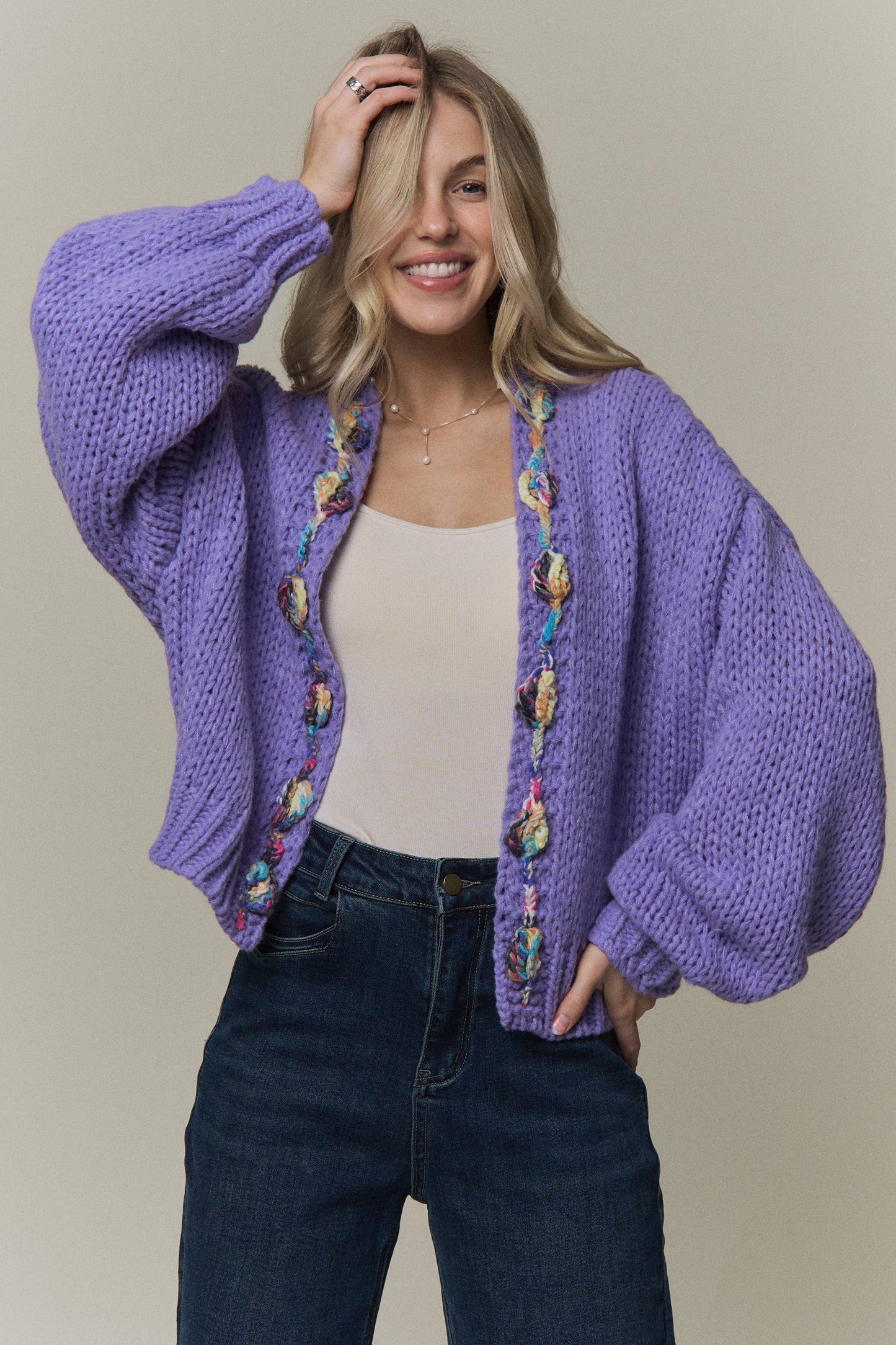 CHUNKY MULTICOLOR TRIM KNIT CARDIGAN - CESW4416