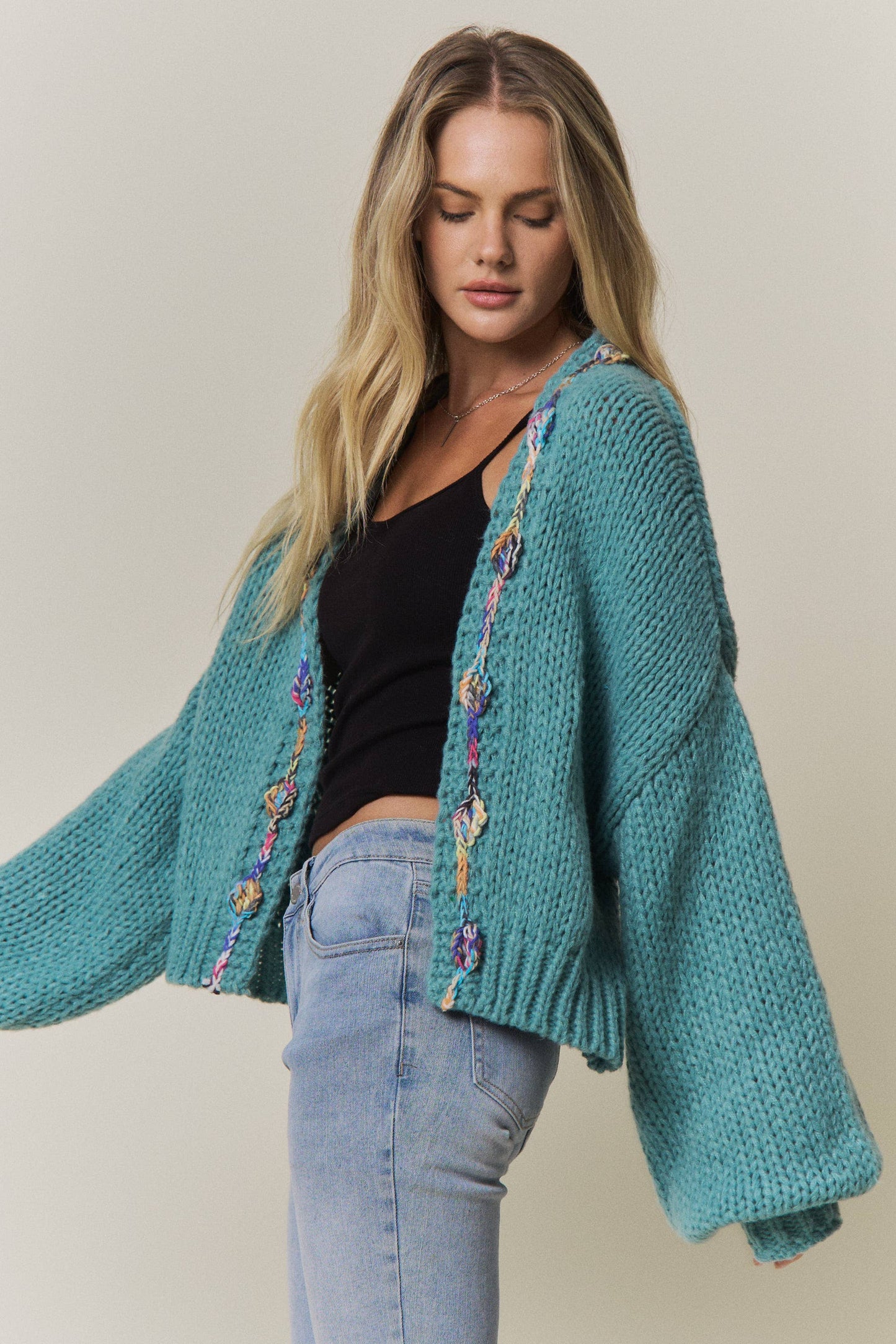 CHUNKY MULTICOLOR TRIM KNIT CARDIGAN - CESW4416