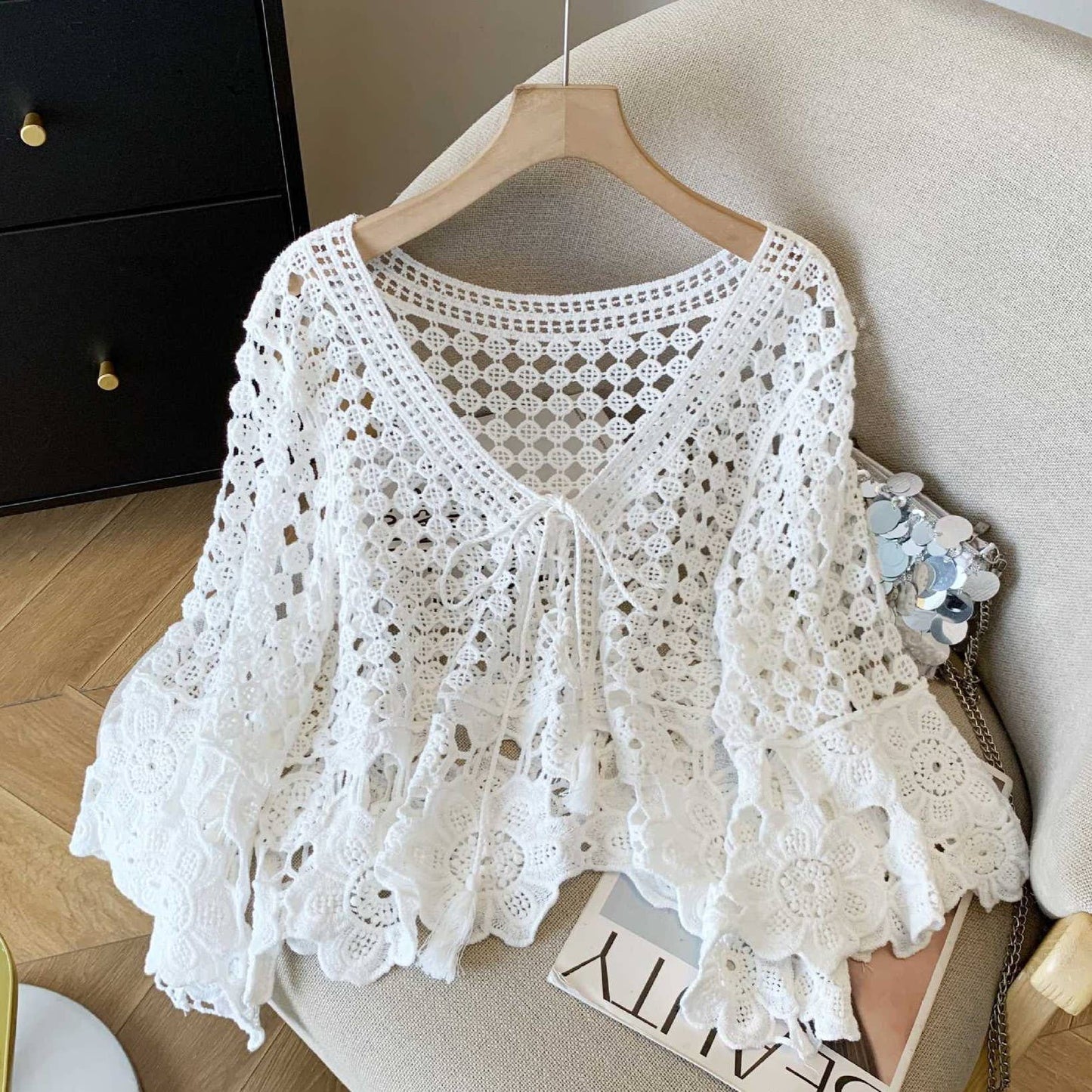 Boho Resort Geometric Crochet Lace Top With Tassel