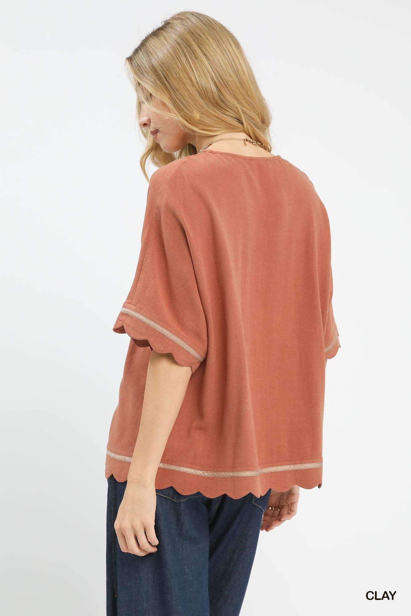 Linen Blend Scallop Trim Top