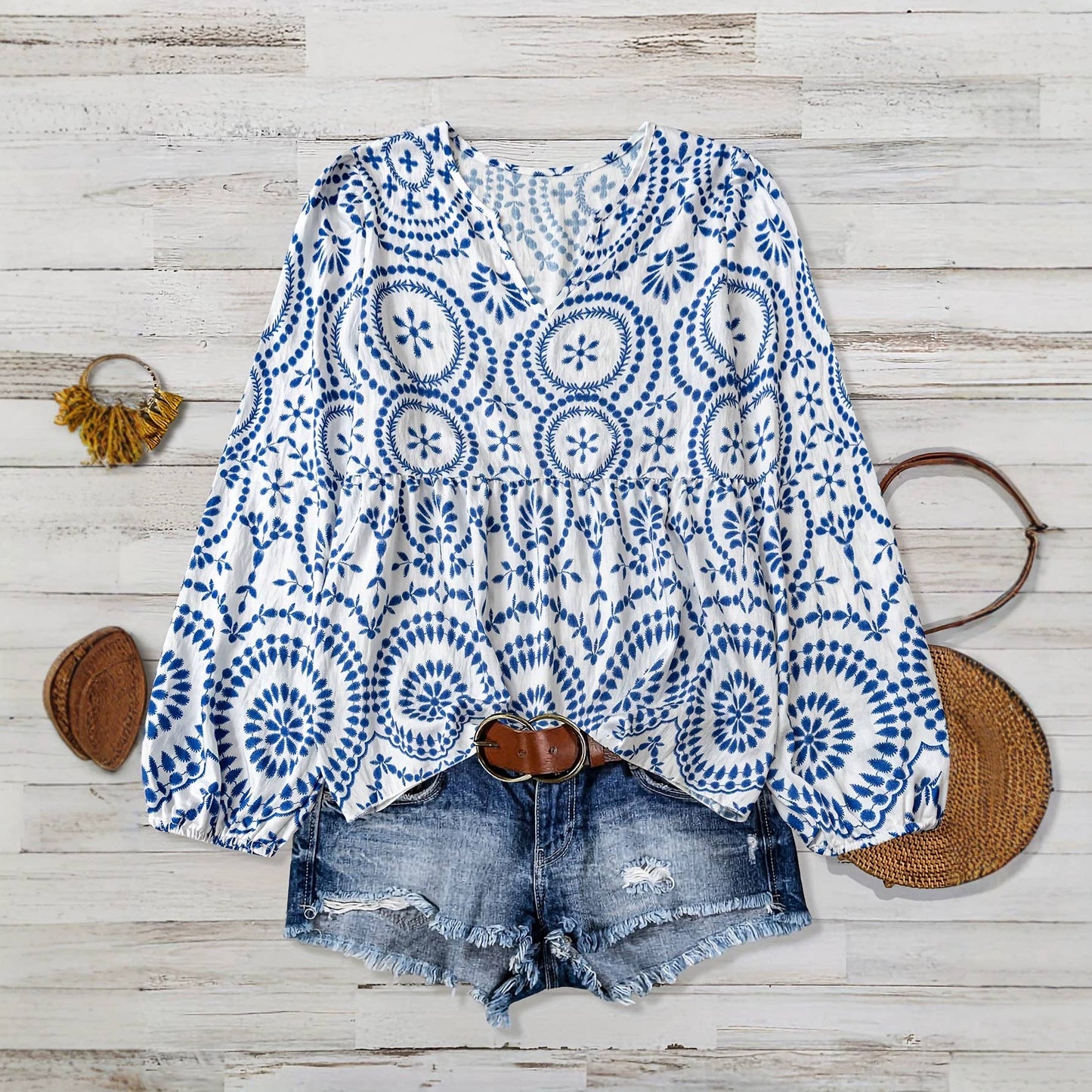 Boho Retro Style Ethnic Print Peplum V-Neck Blouse