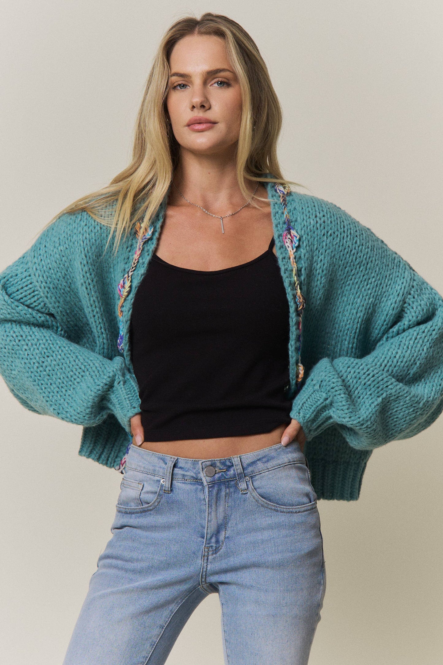 CHUNKY MULTICOLOR TRIM KNIT CARDIGAN - CESW4416