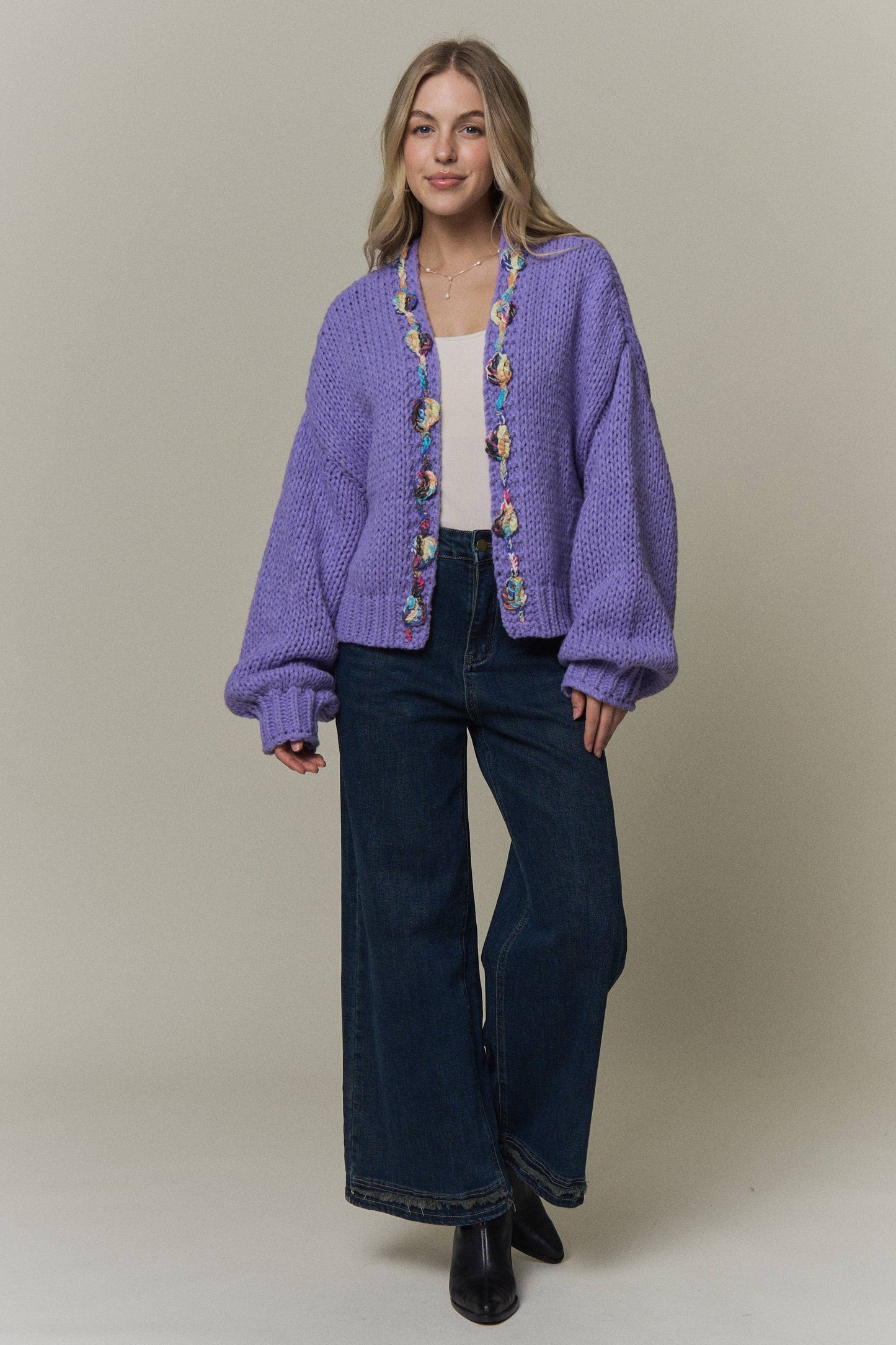CHUNKY MULTICOLOR TRIM KNIT CARDIGAN - CESW4416