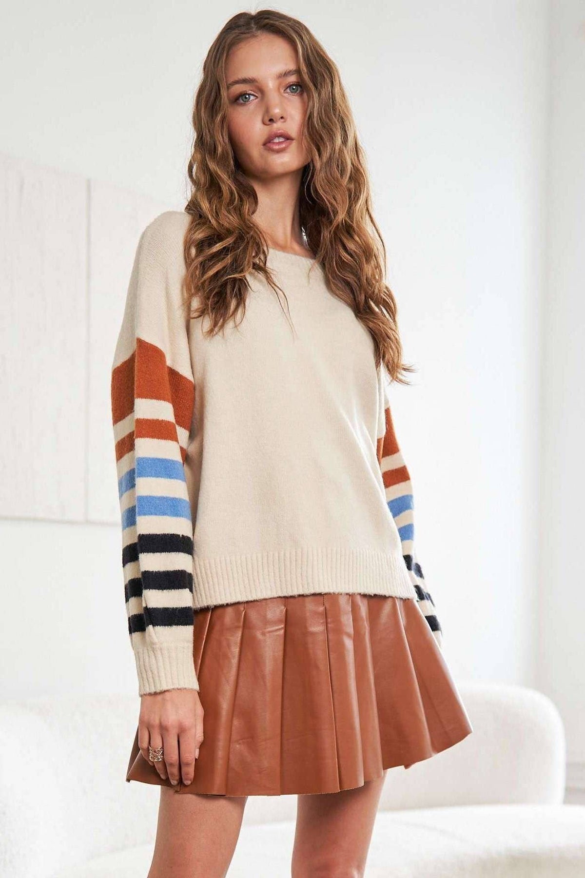 STRIPE SLEEVE COZY SWEATER- CESW2490