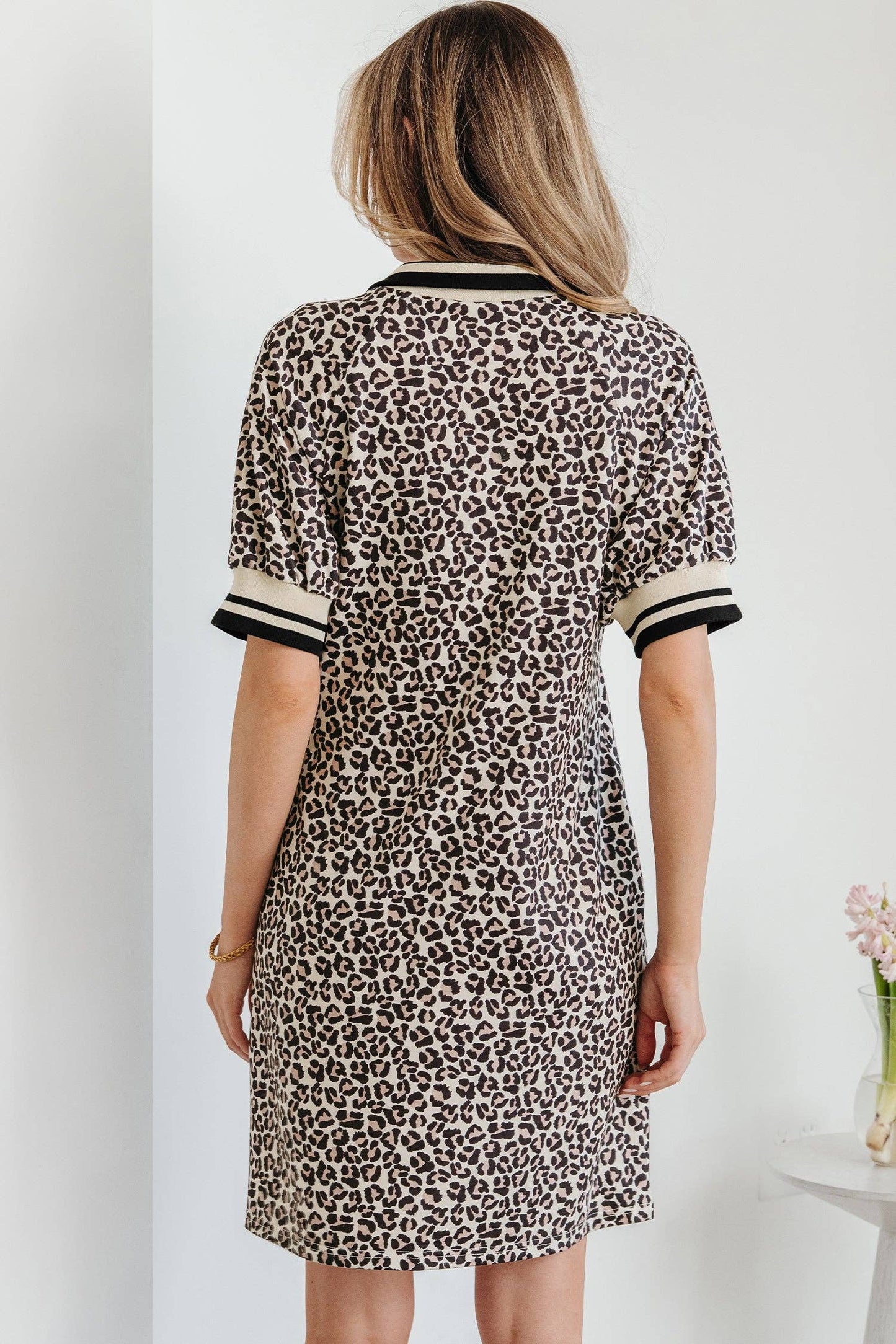 Khaki Leopard Print Zip Neck Striped Webbing Patchwork T Shirt Mini Dress