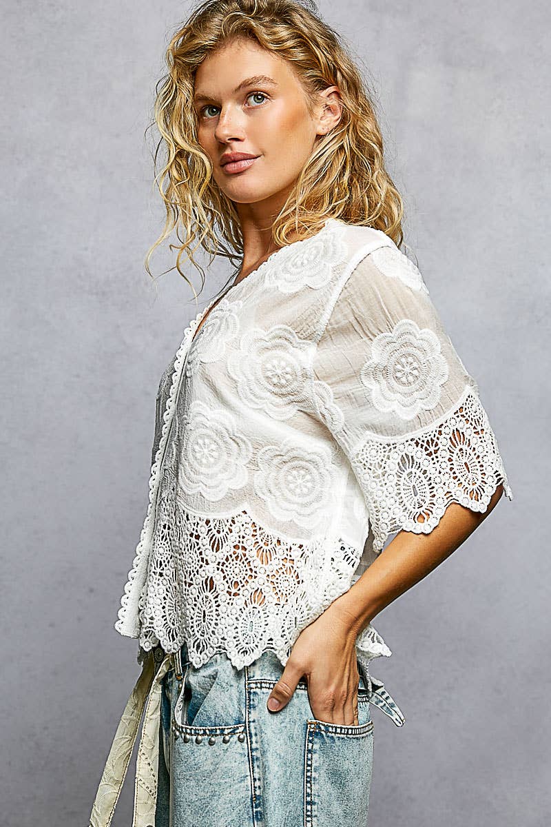 Crochet Trim Neckline Short Sleeve Jacket Top