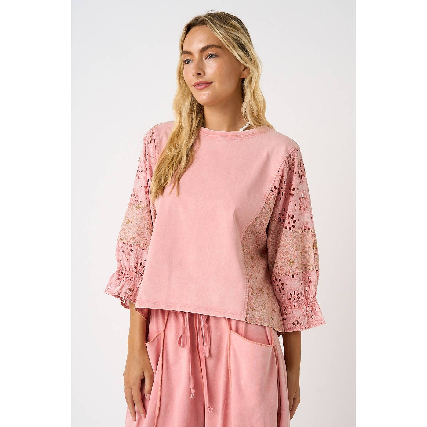 EYELET PATCHWORK RUFFLE LONG SLEEVE TOP