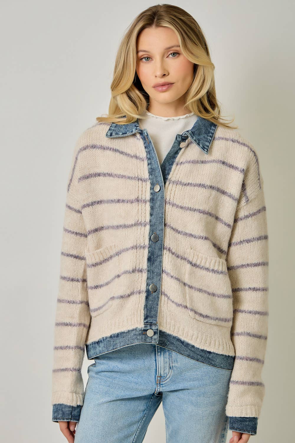 71281 Striped Denim Hem Sweater Jacket