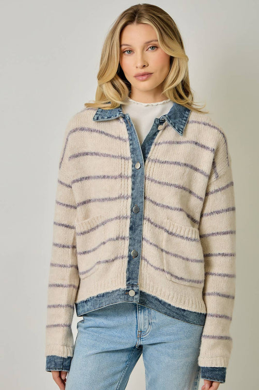 71281 Striped Denim Hem Sweater Jacket