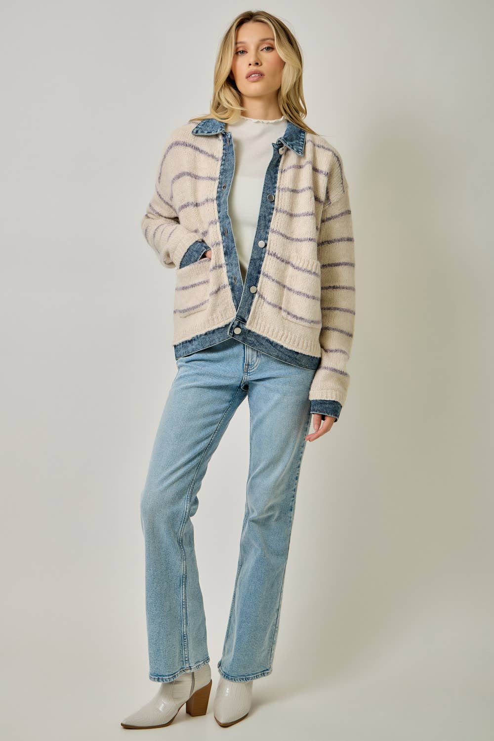 71281 Striped Denim Hem Sweater Jacket