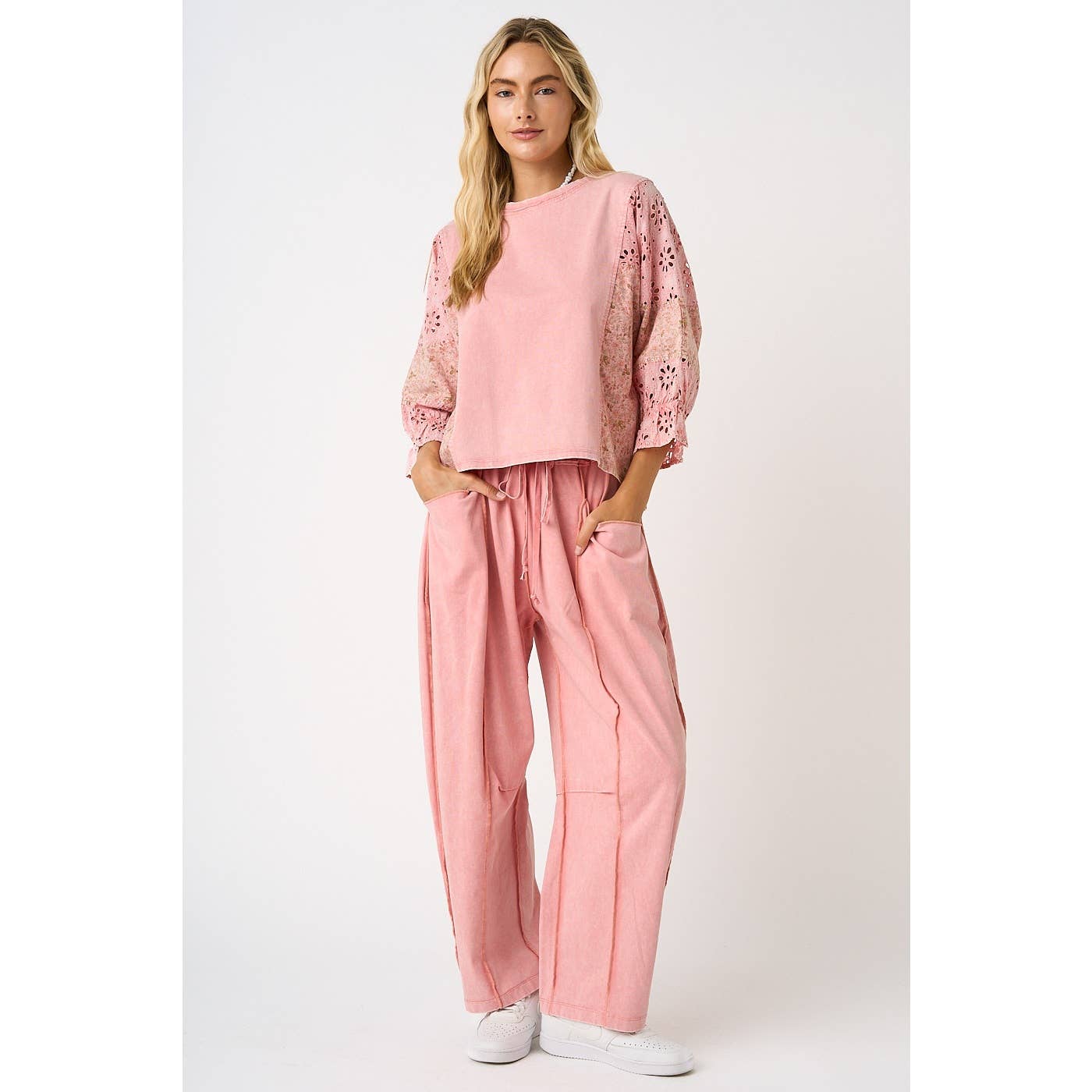EYELET PATCHWORK RUFFLE LONG SLEEVE TOP